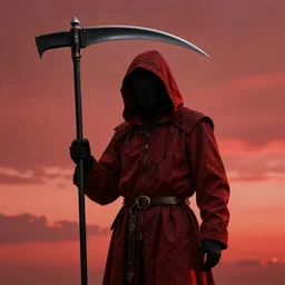 Red Death Reaper holding a scythe, red sky, 8k