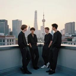 a small rooftop with a couple of modern teenagers, standing and talking to each other, wearing black modern clothes, modern shanghai bund is on the background, sunset, by gregory crewdson, by asher brown durand