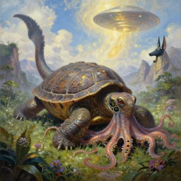fantasy oil painting, great leviathan, cybernetic turtle cephalopod terrapin reptilian pachyderm squid, hybrid, anubis, epic, natural light, lush plants flowers, spectacular mountains, bright clouds, ufo, luminous sky, outer worlds, golden daple lite, craig mullins, michael cheval vray, 8 k hd