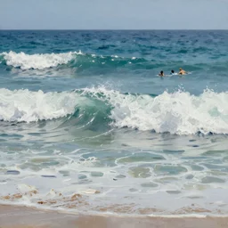 italian beach scene with large waves crashing down, people swimming, the water and waves and sea foam painted in very thick impasto