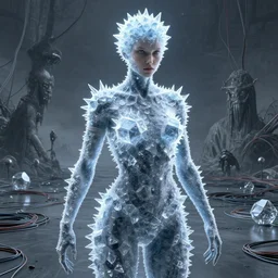 Woman, body covered in spiky tesseract-shaped ice crystals on skin, 150mm, shiny, flat background, glowing, wires everywhere, by Edgar Maxence and Ross Tran, Zdzisław Beksiński, and Michael Whelan, distant, gustav dore, H.R. Giger, 8k, octane render
