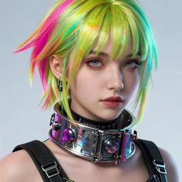 detailed realistic cyberpunk female character cyberpunk wearing large steel collar around neck, realistic, art, beautiful, 4K, collar, choker, collar around neck, punk, artstation, detailed, female, woman, choker, cyberpunk, neon, punk, collar, choker, collar around neck, thick collar, choker around neck, wearing choker, wearing collar, bright neon punk hair, collar, choker,