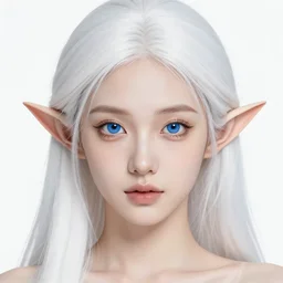 a beautiful portrait, white background, gorgeous fantasy elf. professionally retouched, soft lighting, realistic, smooth face, gorgeous blue eyes, long white hair, cute ears, wide angle, sharp focus on the eyes, 8 k high definition, insanely detailed, intricate, elegant, gorgeous, art by artgerm and wlop