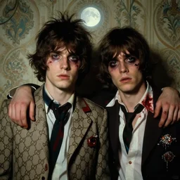 two handsome but sinister young men wearing gucci in layers of fear, with haunted eyes and wild hair, 1 9 7 0 s, seventies, wallpaper, a little blood, moonlight showing injuries, delicate embellishments, painterly, by brom, robert henri, walter popp