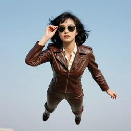 ektachrome, telephoto, highly detailed : incredibly realistic, youthful asian demure floating in the sky, ray - ban, exquisite features, feminine cut, photo 1 9 7 0 s frontiers in flight leather suit cosplay fashion, boris vallejo