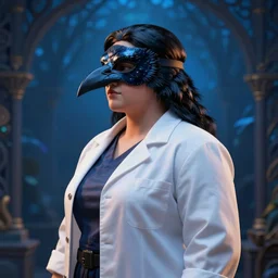 portrait photograph of a curvy feminine plague doctor, side angle, mystical blue background, raven mask, stunning 3 d render inspired art by greg rutkowski and xiang duan and thomas eakes, realistic, highly detailed attributes and atmosphere, dim volumetric cinematic lighting, 8 k octane detailed render, post - processing, masterpiece, soft vignette, vibrant colors