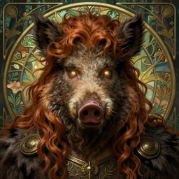 portrait of demigod hercules, long wavy auburn hair, wild boar hide, glowing eyes, volumetric lights, forest, art nouveau botanicals, gothic, intricate, highly detailed, digital painting, artstation, concept art, smooth, sharp focus, symmetric face, illustration, steampunk, art by artgerm and greg rutkowski and alphonse mucha