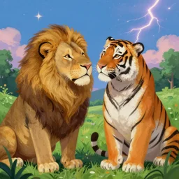 beautiful sweet lion and tiger loving each other, green nature, beautiful sky, stars, vibrant palette, inspired, trending on art station, realistic organic painting, trending on artstation, diffuse lightning