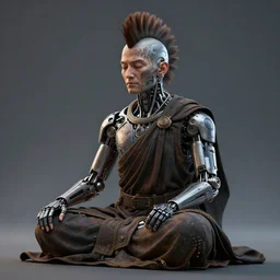 3 d render of the meditating monk with mohawk and tattoo on face and cybernetic enhancements, 3 d render, octane render, scifi character portrait by greg rutkowski, craig mullins, cinematic lighting, dystopian scifi outfit, profile picture, mechanical, cyborg, half robot ultra realistic 8 k resolution.