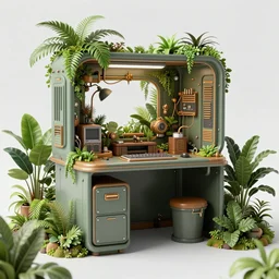 Small desk inside a steampunk machine room with lush vegetation growing around the machines, tropical trees, large leaves, flowers, beautiful night sky showing thought the windows, beatifully lit, vintage science fiction illustration