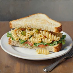 sandwich and macaroni salad, masterpiece, still life painting