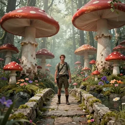 nofigure! adventurer ( ( ( ( ( 1 9 5 0 s retro future forrest of giant mushrooms, moss and flowers stone bridge. muted colors. ) ) ) ) ) by jean baptiste monge!!!!!!!!!!!!!!!!!!!!!!!!! chrome red