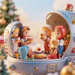 closeup profile portrait of tin toy space girls eating cakes in a retro spacecraft, nicoletta ceccoli, mark ryden, lostfish, max fleischer, depth of field, detailed and intricate environment, golden hour, 8 k resolution, hyperrealistic, octane render, vivid colors, bright, cheerful, detailed and intricate christmas environment