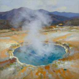volcanic hot springs pool in the mountains, oil on canvas