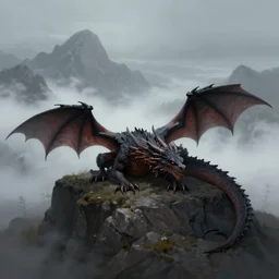 the dark dragon lays in the summit of the foggy mountains, digital painting, trending on artstation, Greg Rutkowski