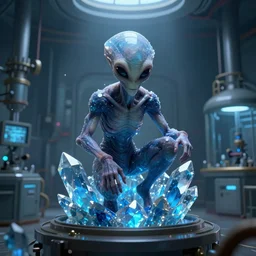 an alien trapped in a blue crystal inside an abandoned laboratory, hyperrealistic, cgsociety, path traced, highly detailed, high quality, 8 k, dramatic lighting, cinematic, high coherence, anatomically correct, trending on artstation, midjourney style, epic scene, concept art, octane render, unreal engine 5, digital art