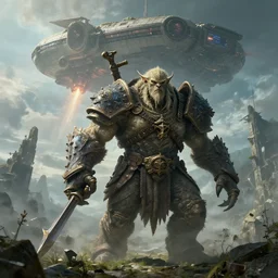 highly detailed elden ring portrait photo of a huge golurk. an even bigger massive spaceship lifts off in the background in a scenic dystopian environment, hyperrealistic illustration by william didier - pouget
