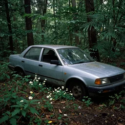 abandoned car on the right side of the image, overgrown in a thick forest, waterlogged grond with flowers