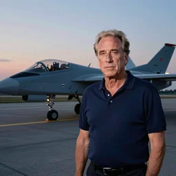 aesthetic illustration of jeffrey epstein, wearing a dark blue polo shirt, standing near predator unmanned combat aircraft on an empty runway at dusk, cinematic lighting, high detail, volumetric lights, pinterest wallpaper, trending on artstation