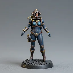 80mm resin detailed miniature of a Diver woman, diving suit, steampunk, helmet, stomach, navel, belly,  boots, symbol, textured base; Miniature Product Photos, 4K, view from front