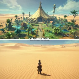 gameplay walkthrough 3 rd person adventure game, spiritual alien village with big sacred sci fi tent, lush oasis, vast flat empty sand desert with dunes, screenshot, final fantasy, square enix, jrpg, unreal engine, next gen graphics, rtx, cutscene, path tracing, high fidelity, particle effects, nvidia graphics