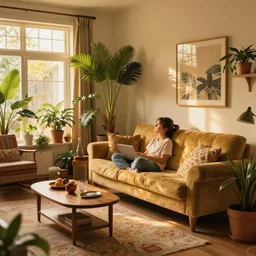 A cozy, warm living room, bathed in golden light, with many tropical plants and eclectic furniture, a figure rests on an old couch, highly relaxed, sunday afternoon, living the good life, at peace, golden ratio, fauvisme, art du XIXe siècle,  figurative oil on canvas by André Derain, Albert Marquet, Auguste Herbin, Louis Valtat, Musée d'Orsay catalogue