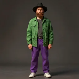 a man of caucasian appearance with a chin curtain brown beard and without mustache in a black hat, green jacket, purple pants and white sneakers in full height, perfect face, concept art