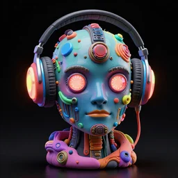a glossy claymodel of a steampunk robot head with glowing headphones, 8 k, symetrical, flourescent colors, halluzinogenic, multicolored, very detailed, black background, 3 d render,