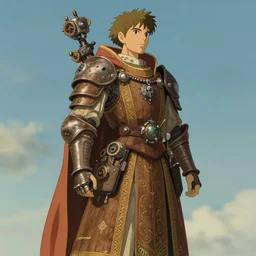 beautiful calm bright ai generated fullbody character illustration of a medieval timetraveller highpriest in ornated wooden armor and decorated sacred outfit and heavily equipped with steampunk cyberwares. rendered by machine.delusions. inspired by: @machine.delusions on instagram. Slightly reminds to ghibli studios