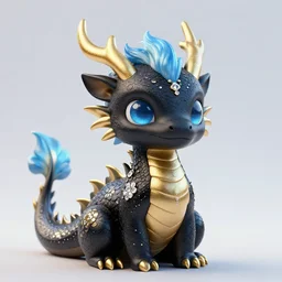 cute little dragon,, black gold light blue, flowers diamonds, highly detailed, artgerm, cushart krenz, artstation, soft light, sharp focus, illustration, character design, concept art