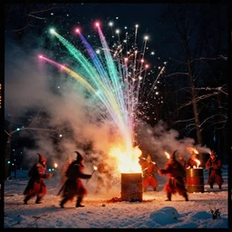 kodak portra 4 0 0, wetplate, winter, snowflakes, rainbow coloured rockets, chaos, glitter tornados, award winning dynamic photo of a bunch of hazardous krampus between exploding fire barrels by robert capas, motion blur, in the forest at night with colourful pyro fireworks and torches, teal lights