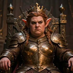 portrait, chubby female dwarf queen, bronze dwarven breastplate, elaborated braided hair, regal and proud robust woman, bold serious expression, big nose style by greg rutkowski, wayne reynolds, jeff easley dramatic light, high detail, cinematic lighting, artstation, dungeons and dragons, throne room,