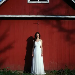 art by greg rutkowski and ruan jia. a lonely elegant and grace young woman in the shadow of a red! barn!. cinematic, sharp edges, stage light. white!! dress!!. establishing shot, sense of melancholy. delicate features. dreamlike. ultra realistic. ultra clear detailed
