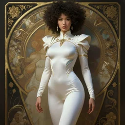 asian domme mistress, full body, dominatrix, tribal, smooth white tight clothes suit, ornate, very beautiful, concept art, realistic painting, androgynous, afrofuturism, daz 3 d, cinematic, cgsociety, digital art by greg rutkowski, by alphonse mucha