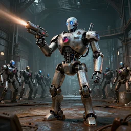 robot mad scientist in a huge rusty warehouse, robot army in the background, raygun gothic, atomic punk, digital art, octane render, 4 k, 8 k, 3 2 k uhd