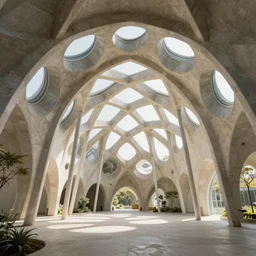 inside small organic pavilion made of large cellular geometries. complex vaulting structure, thin columns.. architectural photography. coronarender, 4 k, 8 k. volumetric lighting.