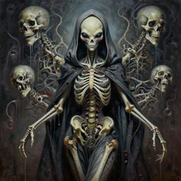 a hiper intricate oil portrait of an alien skeleton godess in hood, drip painting, skuls, excelent composition, wide shot, by zdzislaw beksinski, intricate, horror atmosphere, unreal engine 5 highly rendered, global illumination