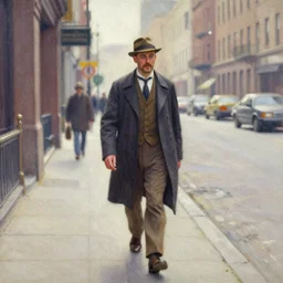 a water Coloured painting of The tramp, walking down a 1920s style city street