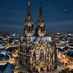 cologne cathedral sourrounded by city, birds eye view, night, landscape, sky, volumetric lighting, 8 k octane beautifully detailed render, post - processing, extremely hyper - detailed, intricate, epic composition, intricate, trending on artstation, stunning art by frazetta, wonderful masterpiece by karine villette