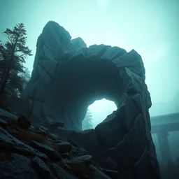 foreground of tall rock structure as a swirling spiral vortex, trees and brutalist concrete in the distance, dramatic lighting, morning fog, hyper detailed, digital art, trending on artstation, cinematic lighting, smooth render, octane render, art style by ruan jia and greg rutkowski and peter mohrbacher and wlop and krenz cushart