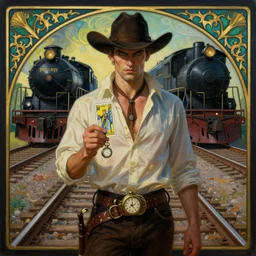 a dramatic ethereal epic symmetrical painting of a handsome villainous cowboy standing in front of railroad tracks with a train locomotive | his shirt is unbuttoned and he has a pocketwatch | tarot card, art deco, art nouveau, ( steampunk ), homoerotic, realistic | by louis comfort tiffany | trending on artstation