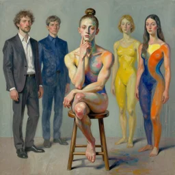 portrait of a morphed gymnast on a stool thinking by james jean and luc tuymans and beeple and hernan bas and pat steir and hilma af klint, psychological, dripping paint, high quality render, masterpiece