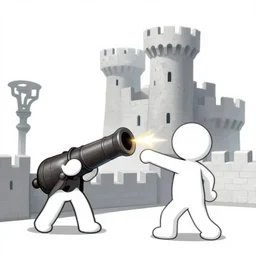 featured on artstation, cartoon drawing of a stickman firing a canon at a Castle