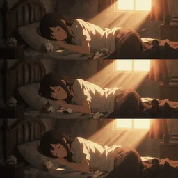 3 panel scene, girl sleeps with a cat in a cozy bedroom - dramatic cozy arts by wlop and okuda genso. wide angle lens. featured on pixiv, anime aesthetic. pixiv, warm aesthetic, rays of light, volumetric light, artstation, vanitas, official art, gothic, noise film photo. octane render, redshift render, ue 4