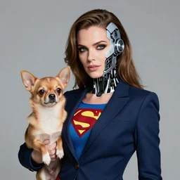 professional portrait photo of a humanoid, with robotic parts on his face, honey color chihuahua dog, digital - art woman with a suit super hero