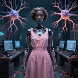 symmetric, a dark woman android in a pastel pink dress holding neurons, in a room full of neural networks and wires and computers, dark sci - fi, ai, 4 k realistic, artem demura. alphonse mucha, gustav klimt.