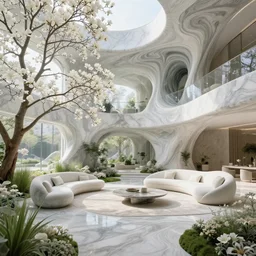 highly detailed villa garden natural beautiful light interior soft cinematic composition of a biophilic granite marble nebula fluid white magnolias surreal scifi futuristic architecture cyberpunk landscape, furniture, trees, grass, bed of flowers, water, vincent callebaut composition, 8 k, unreal engine, hdr