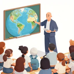 A bald teacher teaching geography to his sunken students, artwork by Craig Mullins, isometric camera, detailed, trending on artstation