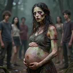 a bokeh photo of a pregnant zombie mom at a pregnancy shoot, documentary film, an ultrafine detailed painting by james jean, cgsociety, figurative art, detailed painting, dystopian art, high detail greg rutkowski and andreas rocha, tristan eaton, victo ngai, artgerm, rhads, ross draws
