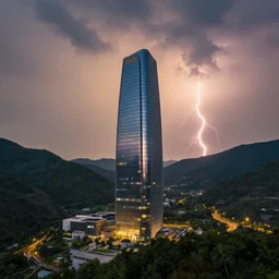 landscape photography modern glass tower, in valley, warm lightning, beautiful, clouds, kodachrome, 4 k, hd